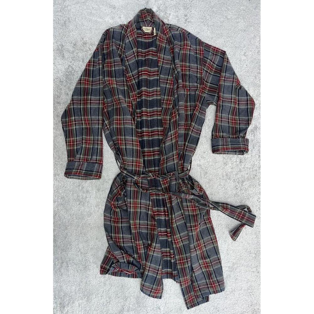 LL Bean Scotch Plaid Gray Flannel Robe Men’s Medium 100% Cotton Plaid Bathrobe